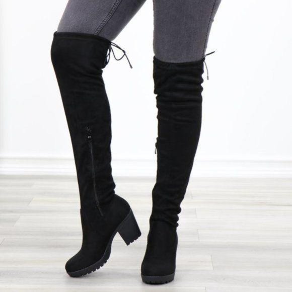Lug Chunky Heel BlackThigh High Suede Boots - Picture 2 of 15